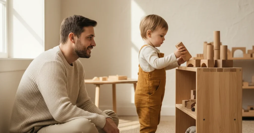 Vader observeert dochter die zelfstandig houten blokken opruimt