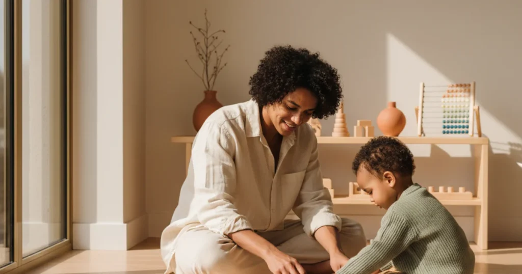 Ouder en kind ontdekken samen Montessori materiaal