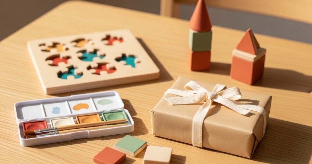 Cadeau-ideeën voor 3 jaar: ingepakt cadeau, houten puzzel, waterverf en magneetblokken