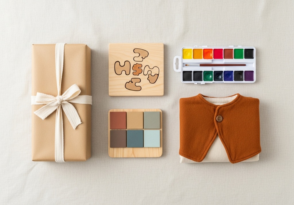 Selectie cadeaus voor 3 jaar: ingepakt cadeau, houten puzzel, magneettegels, waterverfset en een verkleedcape