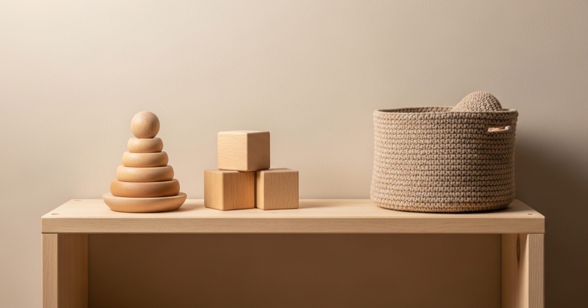 Prikkelarme speelhoek met rustig houten speelgoed in neutrale tinten — stapelringen, blokken en een gebreid mandje