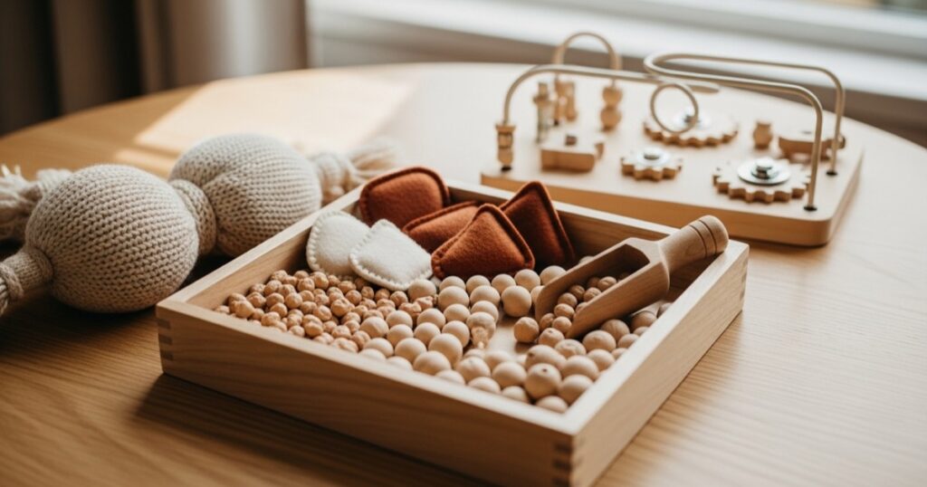 Houten Montessori sensorische bak met kikkererwten, houten kralen en vilten vormen — sensorisch speelgoed bij autisme