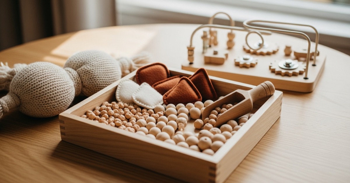Houten Montessori sensorische bak met kikkererwten, houten kralen en vilten vormen — sensorisch speelgoed bij autisme