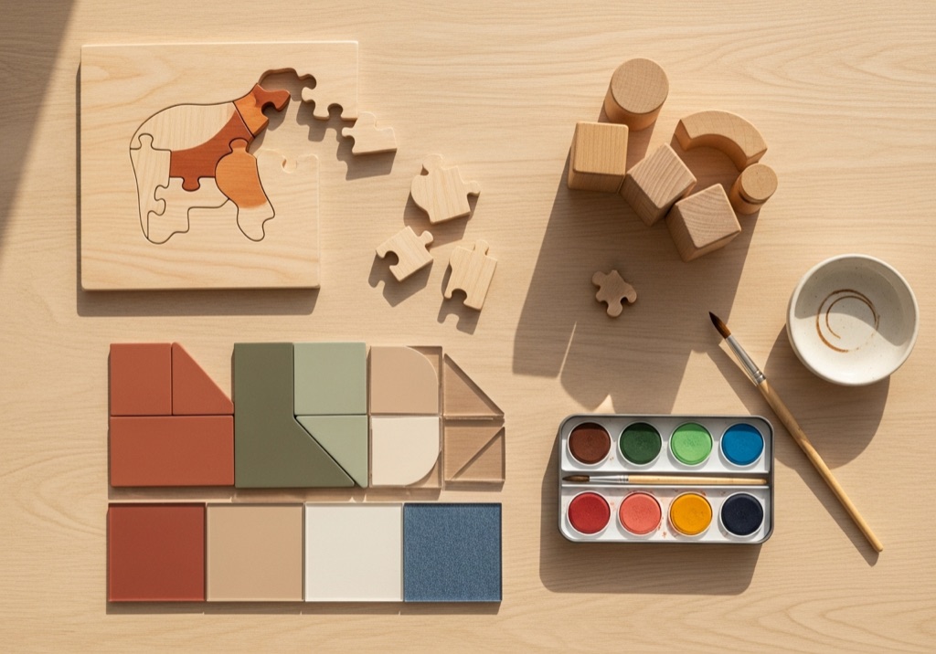 Selectie speelgoed voor 3 jaar: houten dierenpuzzel, magneettegels, houten blokken en een waterverfset