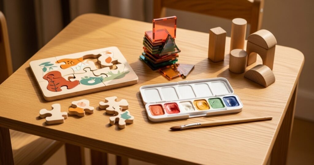 Speeltafel met speelgoed voor 3 jaar: houten legpuzzel, magneettegels, waterverf en houten blokken