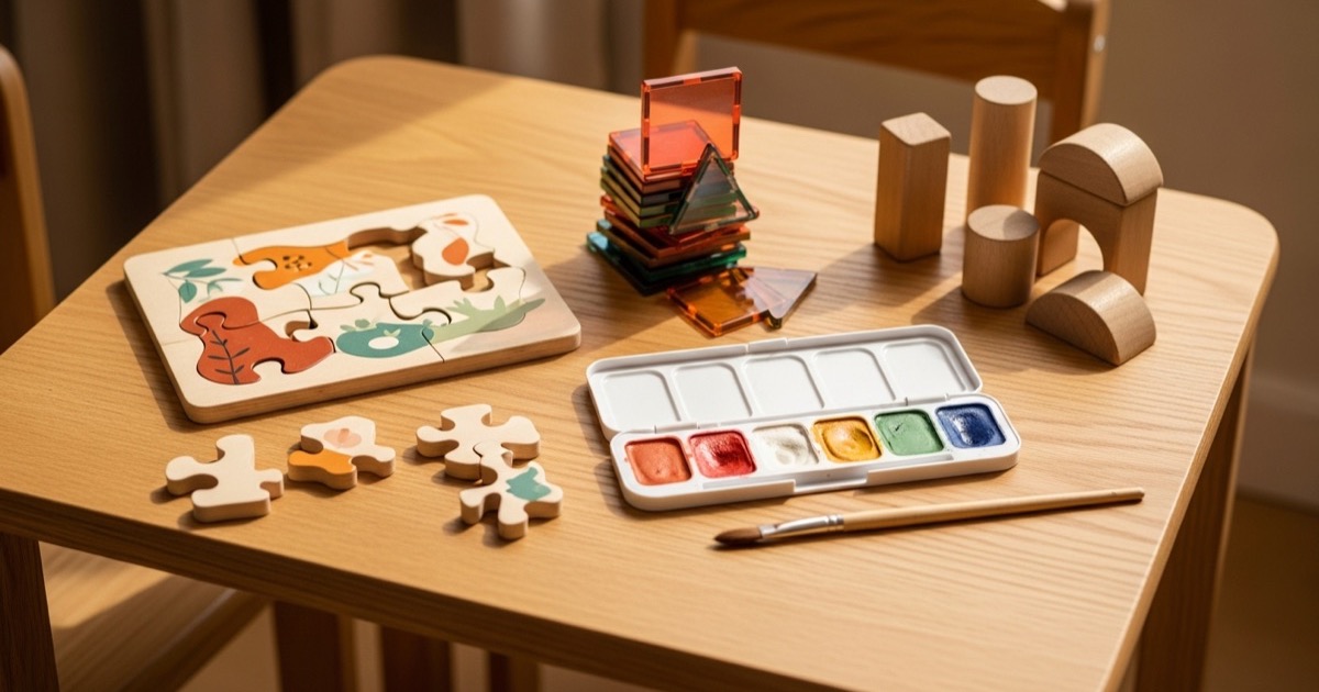 Speeltafel met speelgoed voor 3 jaar: houten legpuzzel, magneettegels, waterverf en houten blokken