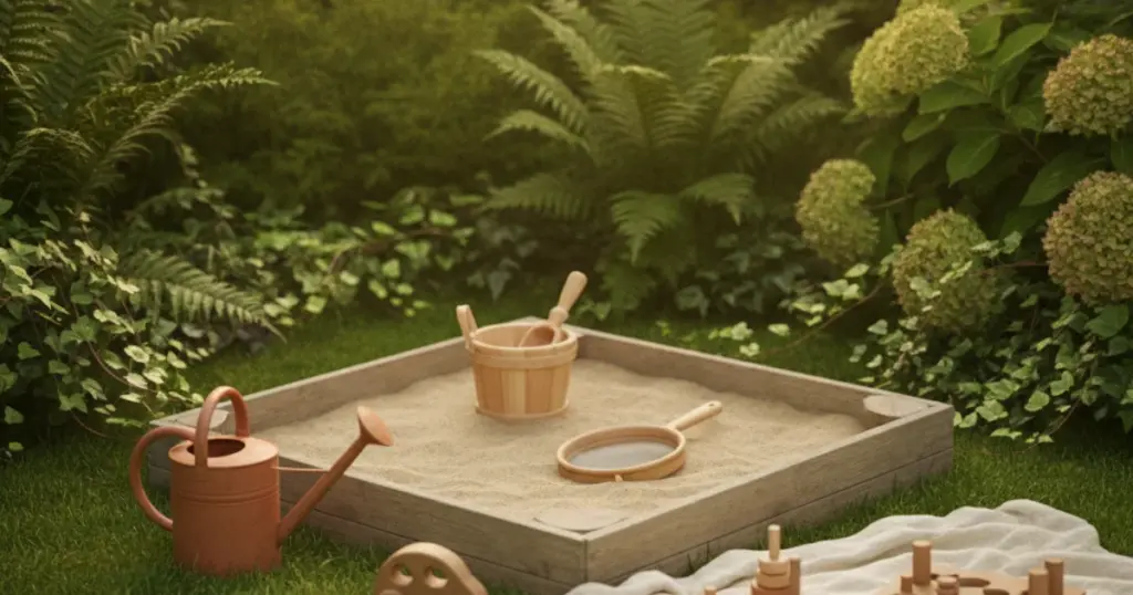 Buitenspeelgoed voor peuters: houten zandbakspeelgoed en gieter in een zonnige tuin