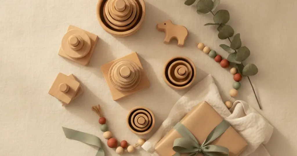 Cadeau voor een kind van 2 jaar: houten blokken en stapelspeelgoed met kraftpapier en sage lint