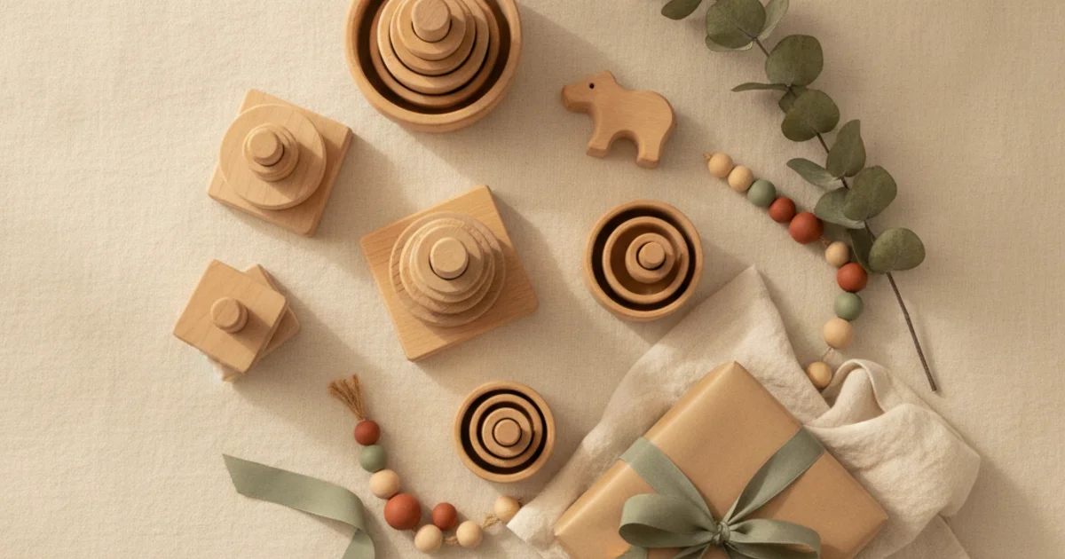 Cadeau voor een kind van 2 jaar: houten blokken en stapelspeelgoed met kraftpapier en sage lint