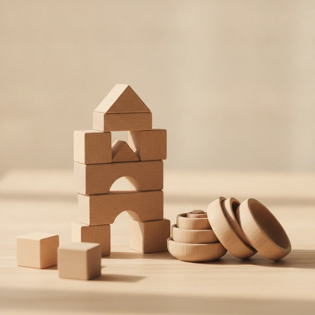 Houten blokken en stapelbekers op een warme houten tafel, klaar om mee te spelen