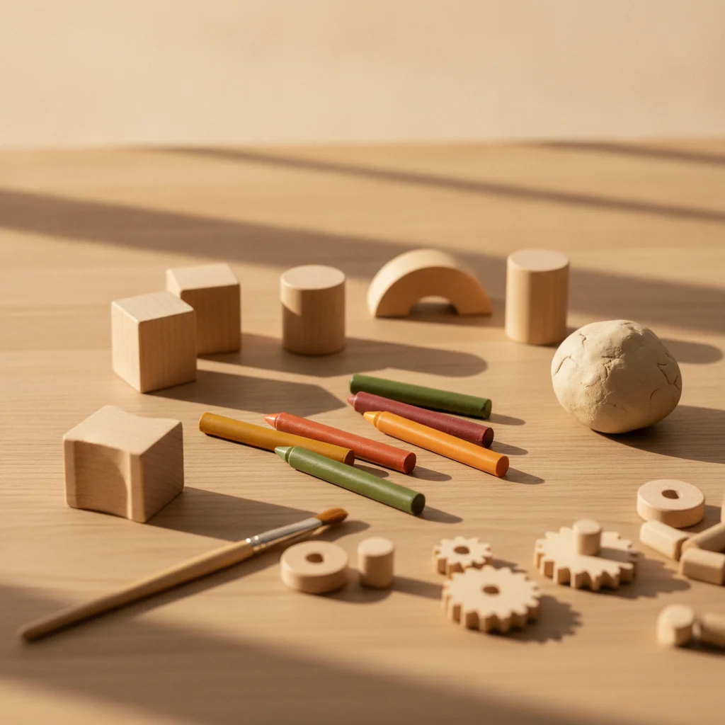 Creatieve materialen: kleurpotloden, kwasten, klei, houten blokken en doeken op een tafel