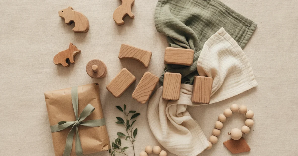 Duurzaam cadeau voor kinderen: houten blokken, katoenen doeken en houten diertjes met kraftpapier en saliegroen lint