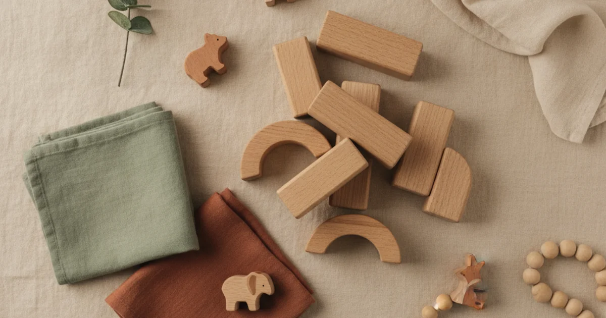 Duurzaam cadeau voor kinderen: houten blokken, stoffen doeken en houten dieren op linnen ondergrond