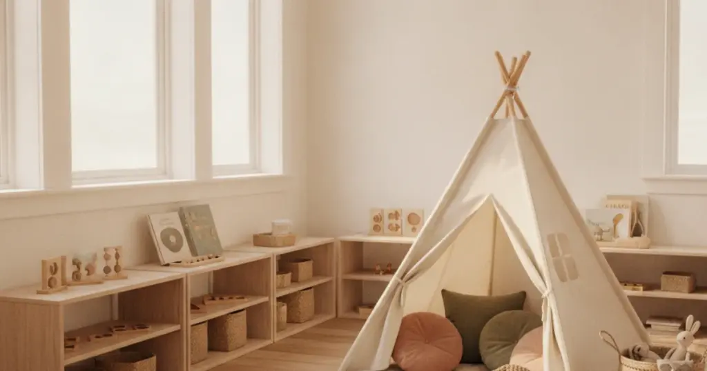 Rustige, zachte terugtrekhoek met een tipi, kussens en gedempt licht voor een hoogsensitief kind