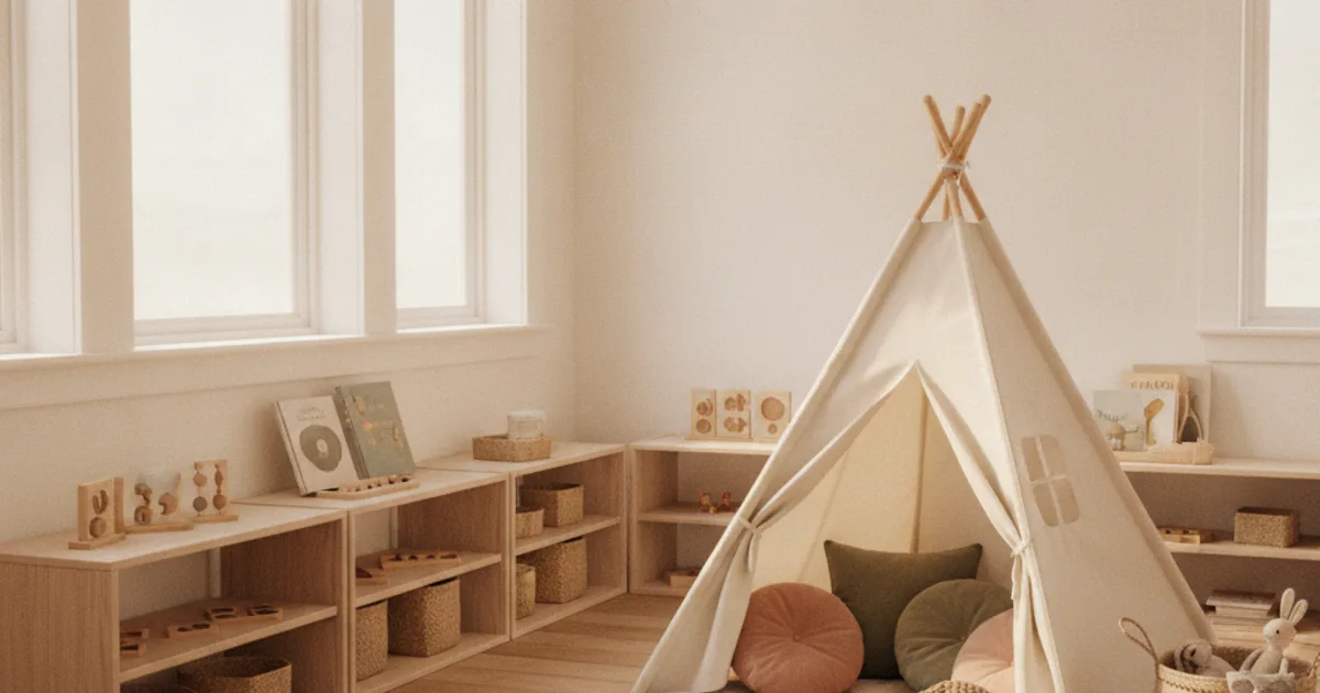 Rustige, zachte terugtrekhoek met een tipi, kussens en gedempt licht voor een hoogsensitief kind