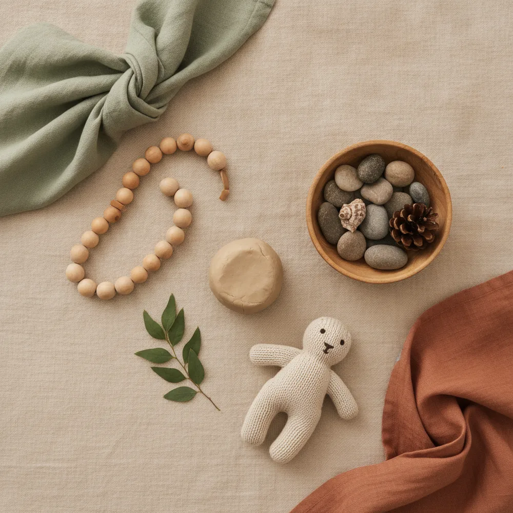Rustig, prikkelarm speelmateriaal voor een hoogsensitief kind: kneedklei, een zachte knuffel, natuurmateriaal en een houten schaal