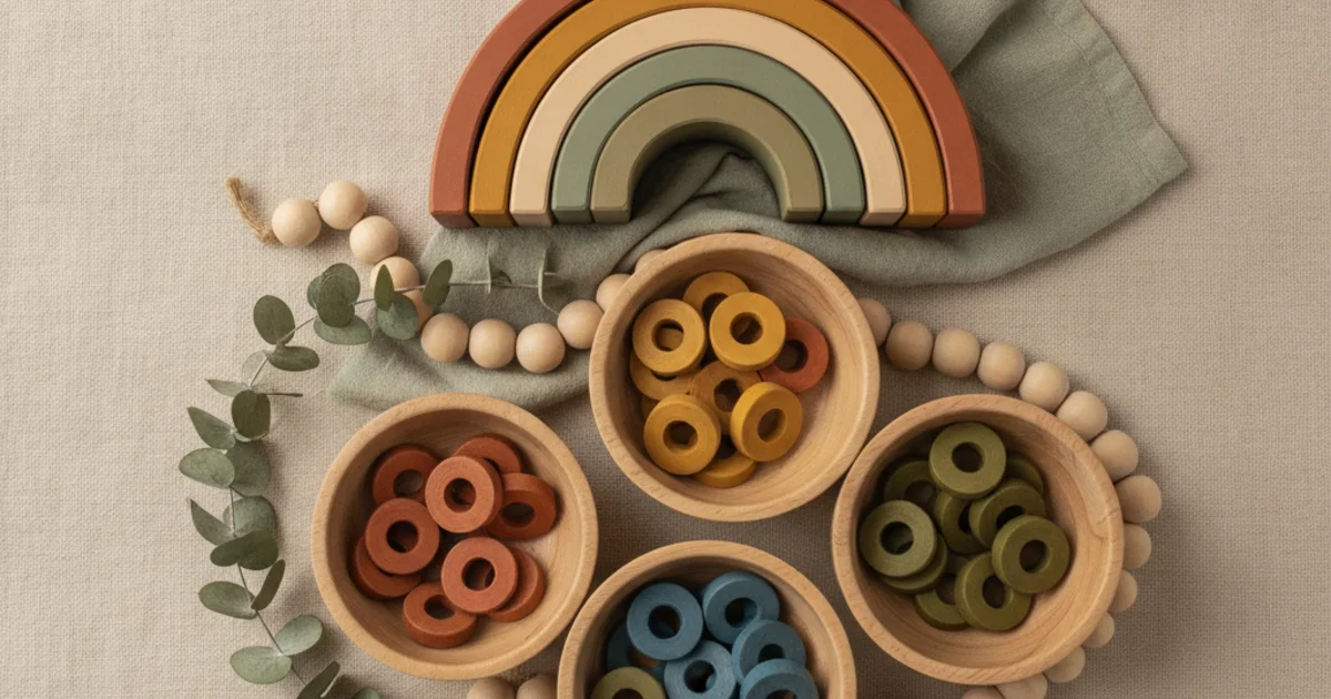 Houten regenboog en gekleurde sorteerringen gesorteerd op kleur in bakjes