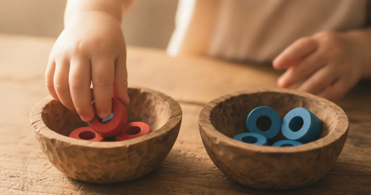 Kinderhanden sorteren houten ringen op kleur in bakjes