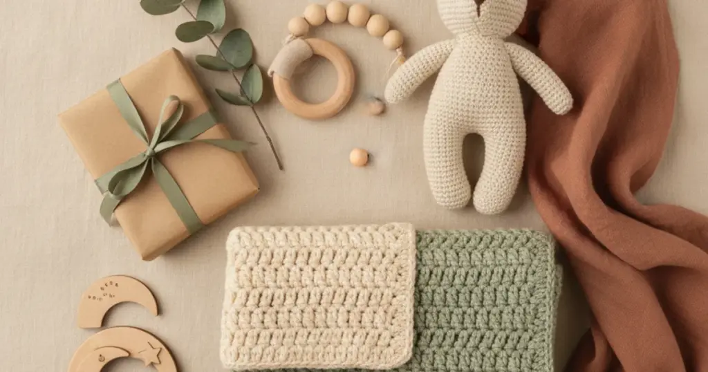 Origineel duurzaam kraamcadeau: houten en gebreide babyspulletjes met kraftpapier en sage lint