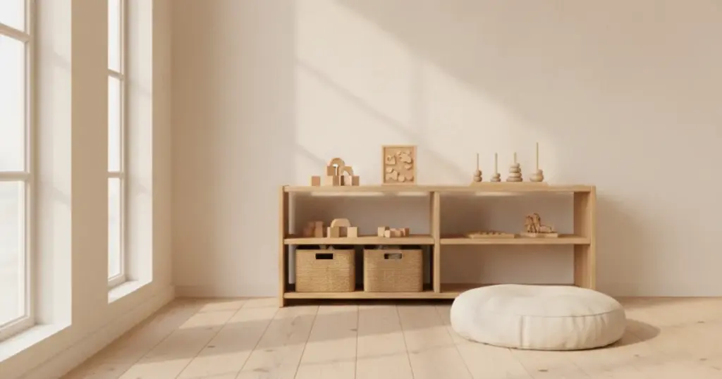 Rustige, opgeruimde montessori-speelhoek met een lage open plank en houten materialen