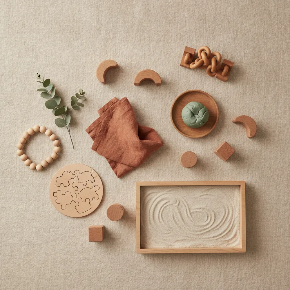 Flatlay van rustgevend en focusgericht speelmateriaal: houten blokken, een puzzel, kneedklei en een houten friemelspeeltje