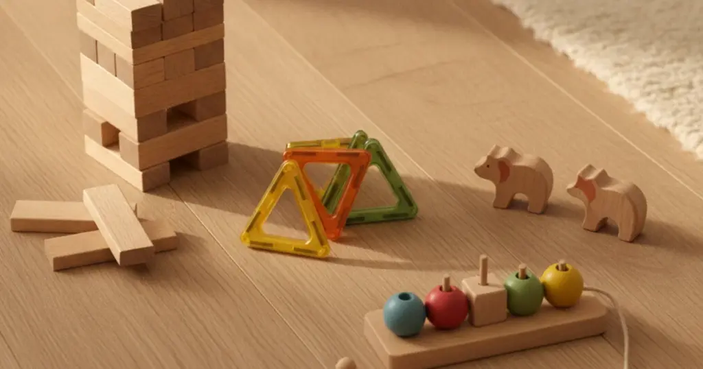 Houten bouwplankjes, magnetische tegels en dierenfiguren op een lichte houten vloer