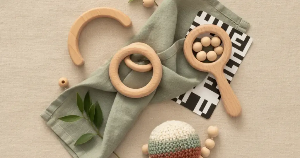 Natuurlijk babyspeelgoed: houten grijpring, rammelaar en contrastkaart op linnen