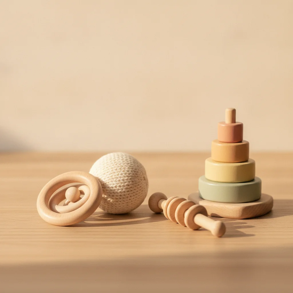Natuurlijk babyspeelgoed: houten grijpring, rammelaar, stoffen balletje en speelboog op een linnen doek