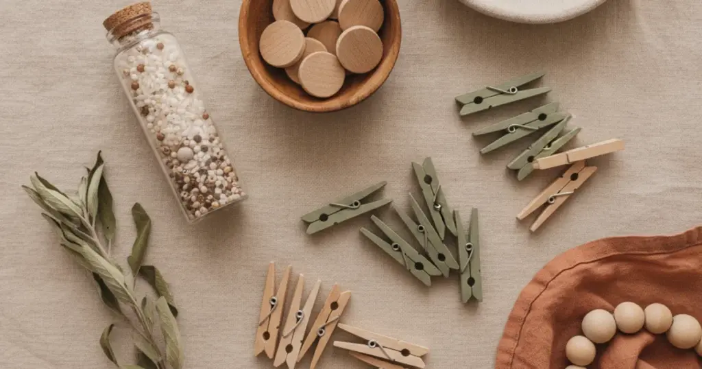 Zelfgemaakt speelgoed: sensorische fles, wasknijpers, houten doppen en een bak met loose parts