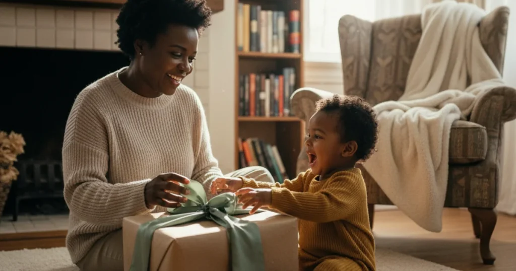 Oma en kleinkind bij cadeau in kraft verpakking