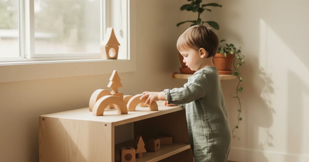 Peuter plaatst zelfstandig speelgoed op lage Montessori plank