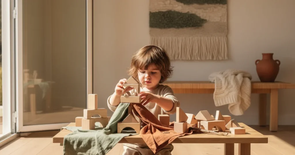 Kind bouwt fantasiekasteel met houten blokken en natuurmateriaal
