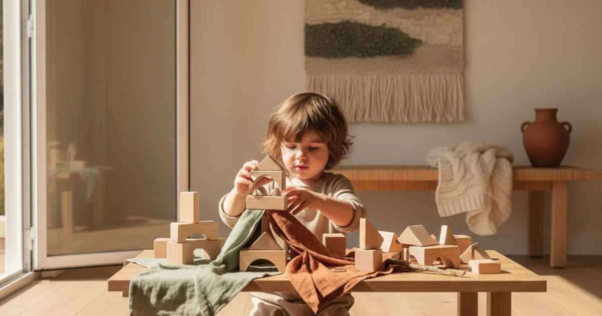 Kind bouwt fantasiekasteel met houten blokken en natuurmateriaal