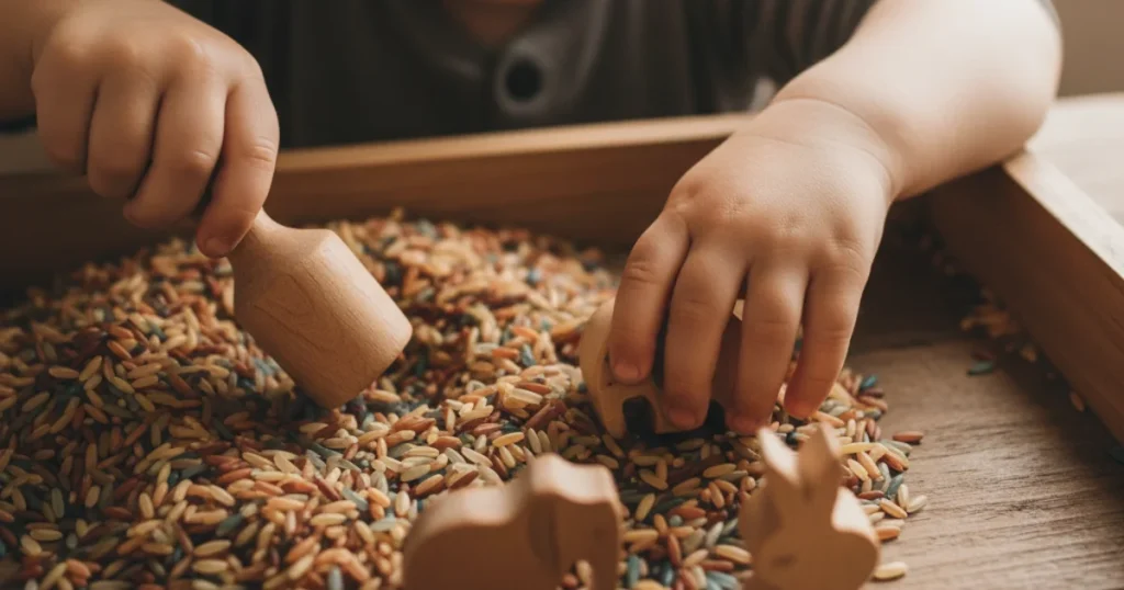 Kinderhanden ontdekken sensorische bak met gekleurde rijst