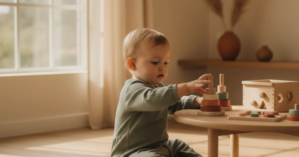 Baby van 1 jaar ontdekt houten stapelringen