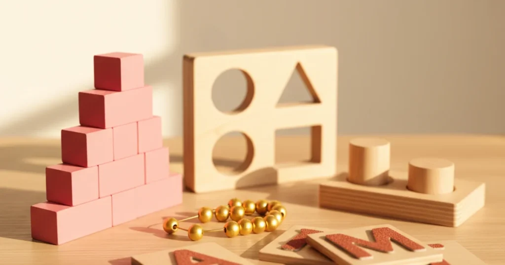 Montessori speelgoed materialen op houten oppervlak